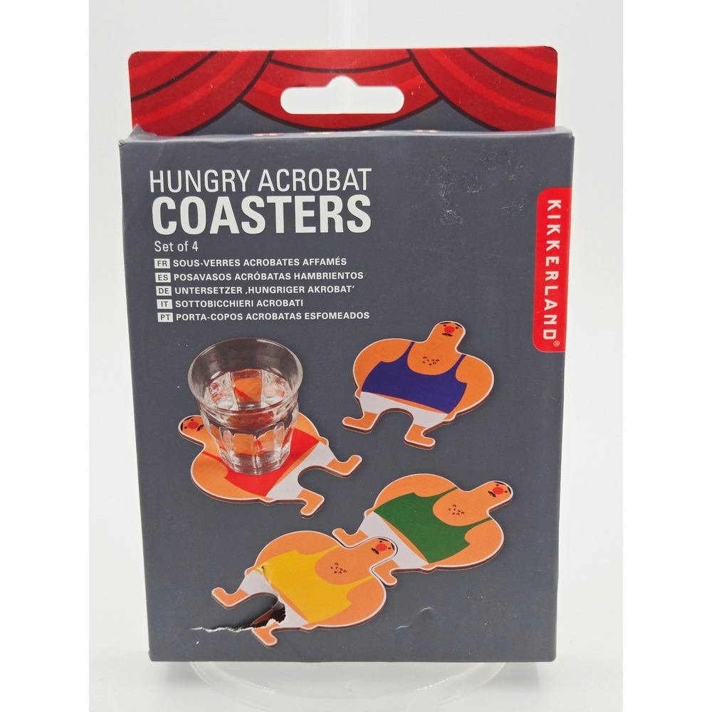 Kikkerland Hungry Acrobat Coasters Set of 4 Cork Backed Strongman Novelty Drink